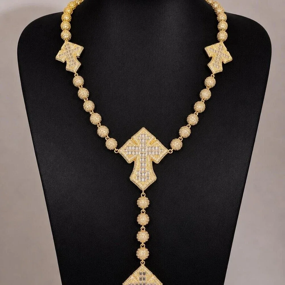 Iced Out Triple Cross Rosary 16inch